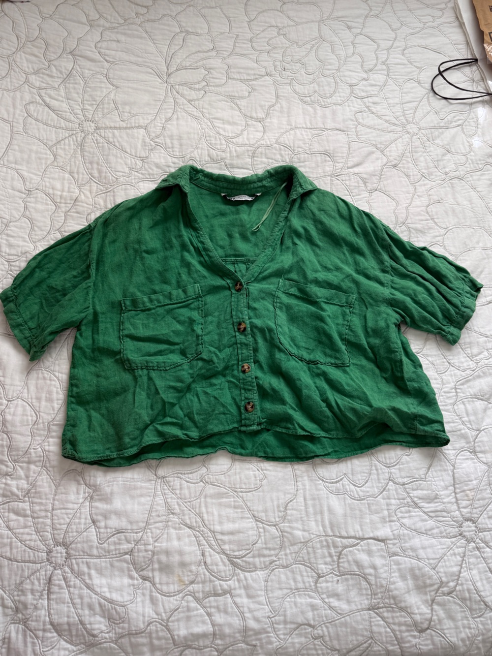 Zara Emerald Green Linen Button-Front Shirt